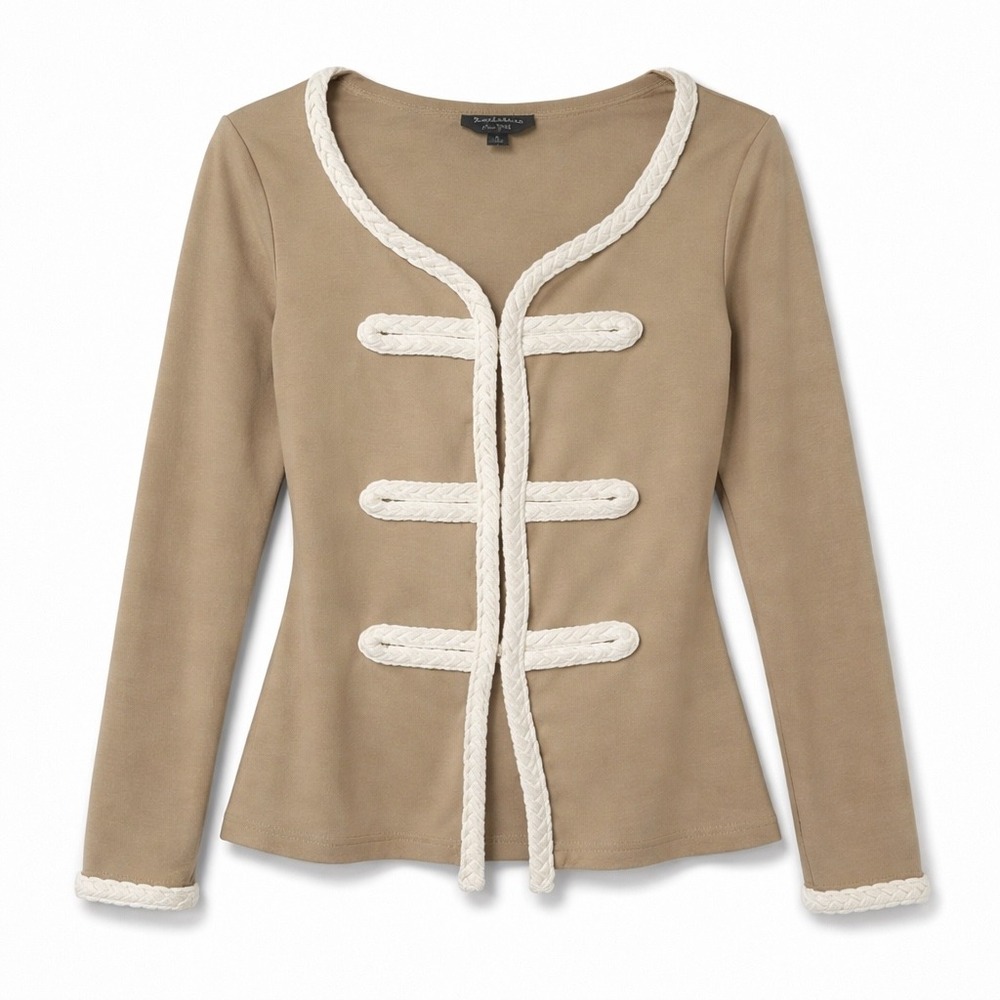 Katherine NY Tan Braided Trim‎ Jacket Contrast Rope Detail Fitted Long Sleeve